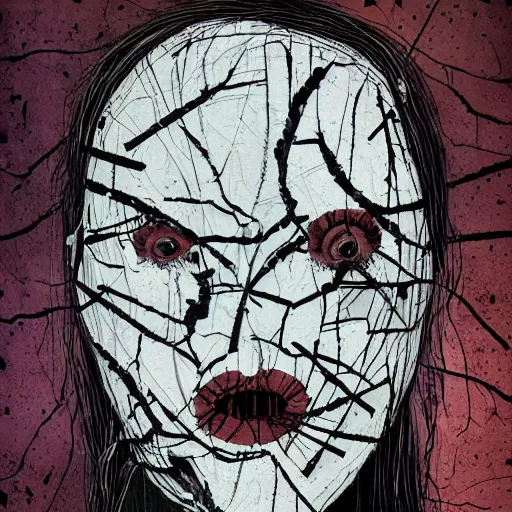 Image similar to face shredded like paper, dark horror, surreal, illustration, by ally burke