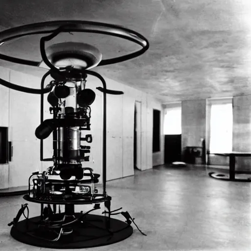 Image similar to interior of alien laboratory with strange device at the center of a room, color photograph