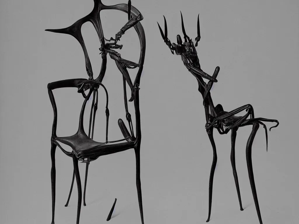 Image similar to gothic chair in the shape of a praying mantis. karl blossfeldt, salvador dali