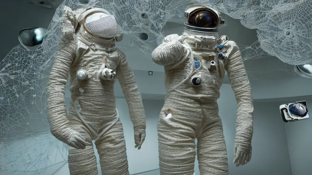 Image similar to a single astronaut eva suit interwoven with diamond 3d fractal lace iridescent bubble 3d skin and covered with insectoid compound eye camera lenses floats through the living room, film still from the movie directed by Denis Villeneuve with art direction by Salvador Dalí, wide lens,