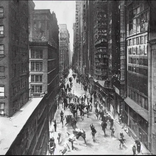 Image similar to old black and white photo, 1 9 1 3, depicting batman fighting bad guys in an ally of new york city, rule of thirds, historical record