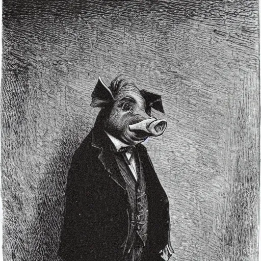 Image similar to a pig in a tuxedo, creepy atmosphere, dark, portrait, realistic, very realistic, illustration by Gustave Doré