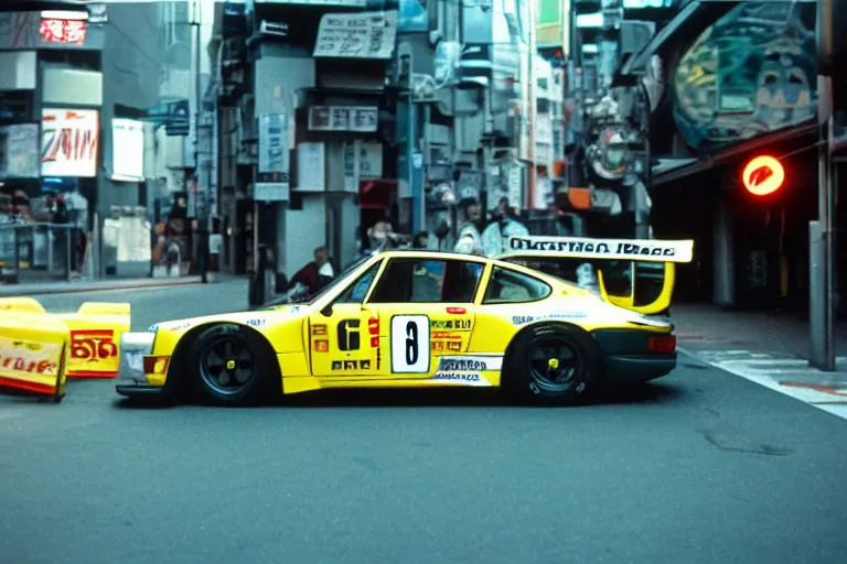 Image similar to single racecar 1 9 8 8 9 1 1, movie still, vintage footage on tokyo streets, volumetric lighting, f 8 aperture, cinematic eastman 5 3 8 4 film