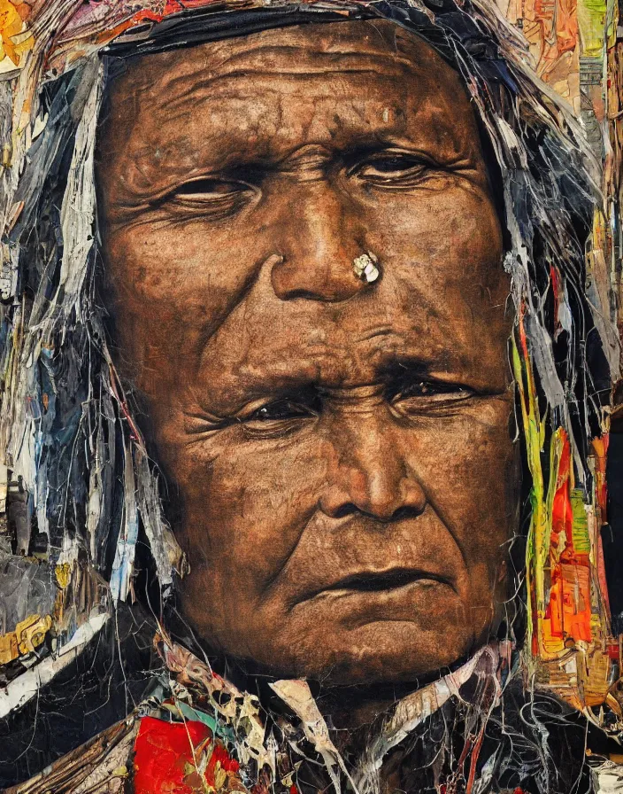 Prompt: portrait of chief joseph, detailed analogue mixed media collage with canvas texture in style of contemporary art, punk art, hyperrealistic beautiful face, photorealistic, expressionism, masterpiece, perfect composition, spectacular quality, intricate oil details, vivid broken glass, torn paper