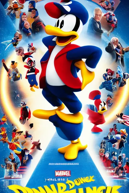 Image similar to donald duck starring in marvel end game, movie poster, minimalistic, extremely clean and polished, 8 k