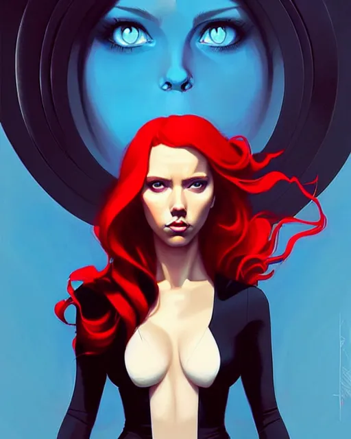 Image similar to peter mohrbacher, phil noto, artgerm, pretty scarlett johansson black widow, symmetrical eyes, long red hair