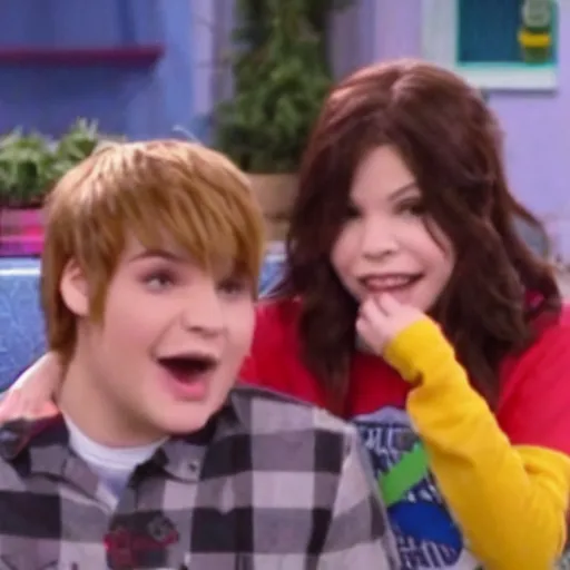 Prompt: a screenshot of Gerard Way talking with Carly in ICarly (2007) , low quality, vhs quality,