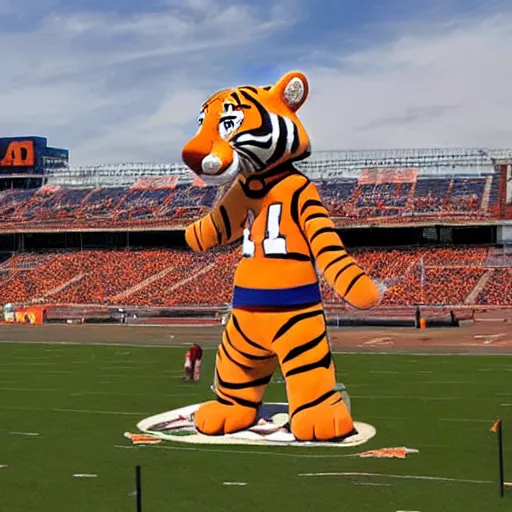 Image similar to aubie the tiger standing on a collapsed elephant, jordan hare stadium, ultra realistic