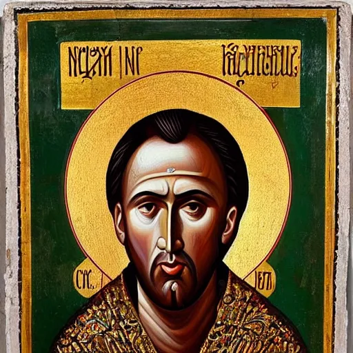 Prompt: nicholas cage, portrait, ancient byzantine icon of nicholas cage, roman catholic icon of nicholas, saintly nicholas cage, orthodox nicholas cage