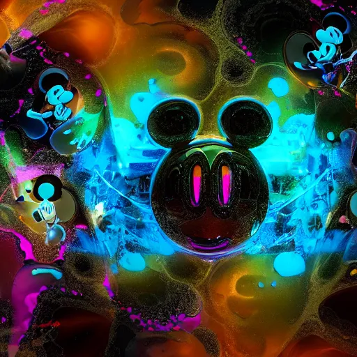 Image similar to counterfeit mickey mouse head, fractal, fractured broken, DMT dystopia, melting, wet, mycelium, radiant alien, rococo, baroque, automotive, bio-mechanical, porcelain, iridescent, sub surface scattering, octane render, unreal engine 5