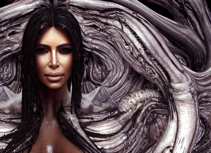 Prompt: film still of kim kardashian being held tightly by an xenomorph slathered in a transparent alien liquid, wet flowing hair, gooey skin, illustration, unreal engine 5, 8 k, directed by h. r. giger.