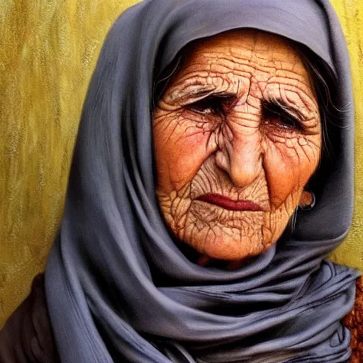 Image similar to portrait of a gentle and caring Kurdish grandmother, very detailed eyes, hyperrealistic, beautiful, very detailed painting by Glenn Fabry, trending on artstation, extremely high detail, incredibly intricate