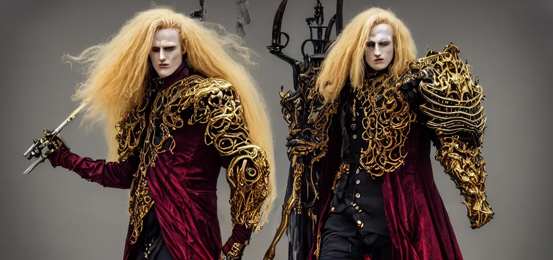 Image similar to character sheet concept art of johan liebert alucard, long fluffy golden blonde curly hair, gilded obsidian baroque armor, red fabric, face paint, ferrofluid armor, realistic, hyperrealistic, photographic, costume, wlop, dan mumford, greg rutkowski, high detail, octane render, alexander mcqueen, james gurney, photo, 8 k, intricate