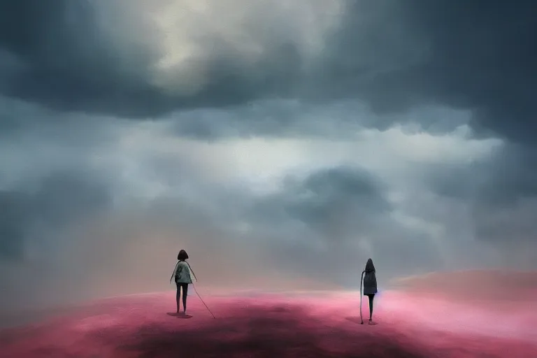 Image similar to giant dahlia flower head, girl walking on mountain, surreal photography, pink storm clouds, dramatic light, impressionist painting, digital painting, artstation, simon stalenhag