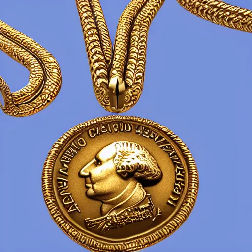 Image similar to a closeup photorealistic illustration of a happy George Washington holding wearing a chain around his neck with a small gold Doubloon coin as a necklace. This 4K HD image is Trending on Artstation, featured on Behance, well-rendered, extra crisp, features intricate detail and the style of Unreal Engine.