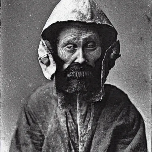 Image similar to hermit alchemist wearing scary headmask, 1900s photograph