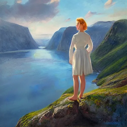 Image similar to beautiful 1950s blonde standing on top of Norwegian fjord, morning, atmospheric, dreamy, painting by Vladimir Volegov