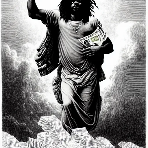 Image similar to cheef keef ascending into heaven holding stacks of cash, biblical image, style of gustave dore, highly detailed, beautiful, high contrast, black and white