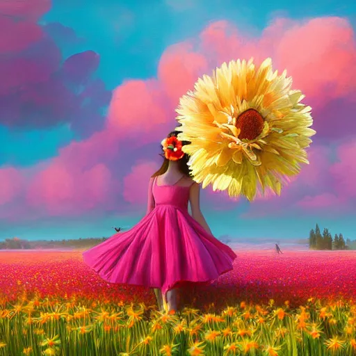 Image similar to giant daisy flower as head, full body girl floating in a flower field, surreal photography, sunrise, dramatic light, impressionist painting, colorful clouds, digital painting, artstation, simon stalenhag