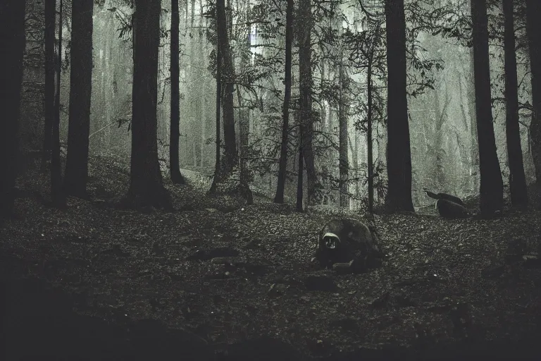 Image similar to terrible dark forest in the depths of which there is a Pudge from Dota 2 filmed hidden on a phone camera, Cinematic, wildlife photography, 35mm, photo on iphone