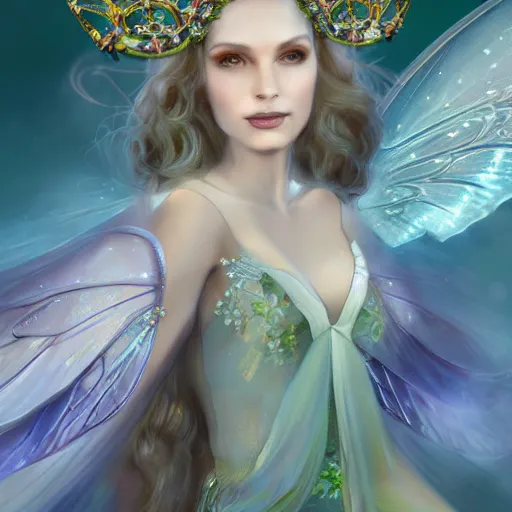 Image similar to detailed portrait of a fairy queen with wings wearing a silk robe, crown, pixie, iris, realism, emerald, galaxy, sapphire,blonde hair going down to the floor, moonlit, dark fantasy, dramatic lighting, cgsociety, artstation