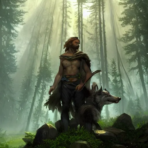 Image similar to epic fantasy portrait of a earth and nature god with brown hair and a husky beard holding a dark metal sword in the deep forest as he looks at us, oil painting by Greg Rutkowski and Charlie Bowater and Artgerm, unreal 5, DAZ, epic RPG Portrait, trending on artstation, dynamic lighting, late afternoon lighting, forest, green theme, afternoon light