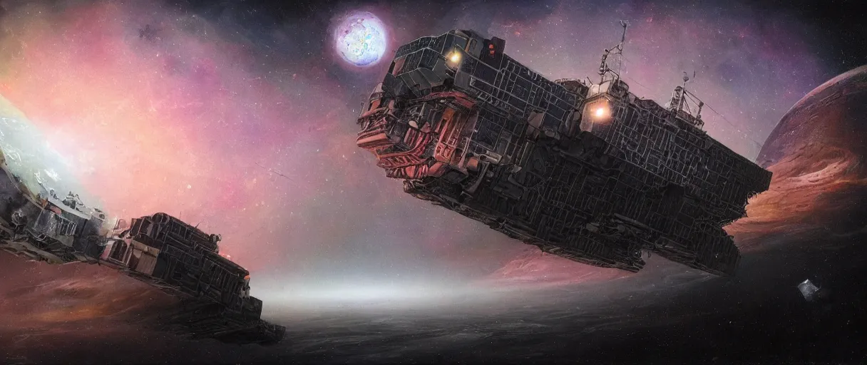 Image similar to lone industrial!!! spaceship!!, deep space exploration!!!, flying, ridley scott universe, the final frontier, illustrative!!, punk, painterly, hyperdetailed, hyperrealistic, utilitarian cargo ship, cinematic lighting, 4k, wide angle, beksinski, trending on artstation, (neon colors)