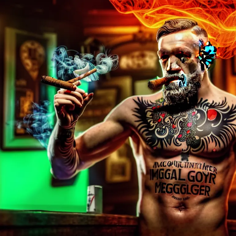 Image similar to a intricately detailed portrait of conor mcgregor smoking a lit cigar in an irish pub with a neon bar, smoke rising like clouds, balanced, trending on art station, volumetric lighting & shadows, hyper detailed, digital art, unreal engine, 4 0 0 mm f 1. 8,