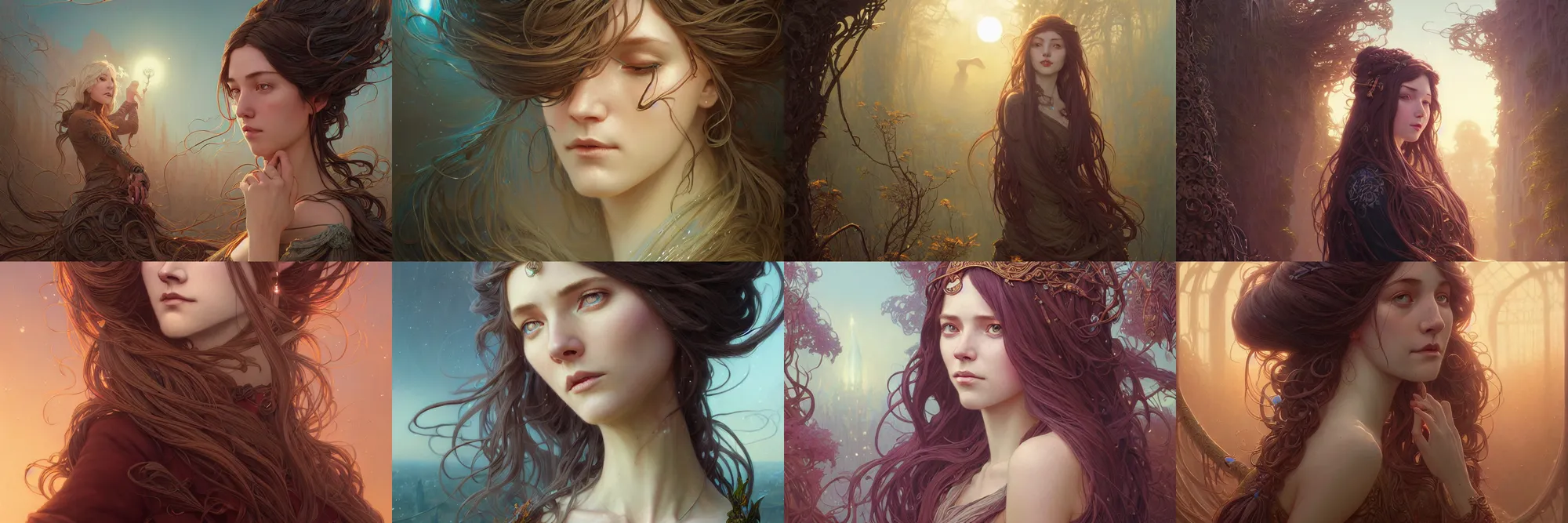 Image similar to highly detailed portrait of a woman with long hairs, stephen bliss, unreal engine, fantasy art by greg rutkowski, art nouveau, loish, rhads, ferdinand knab, makoto shinkai and lois van baarle, ilya kuvshinov, rossdraws, tom bagshaw, alphonse mucha, global illumination, radiant light, detailed and intricate environment