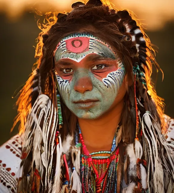 Prompt: A high-quality photorealistic face-centered portrait of a beautiful young native american navajo woman wearing face paint at sunset, by Steve McCurry and Brian Ingram and Annie Leibovitz, trending on flickr, trending on deviantArt