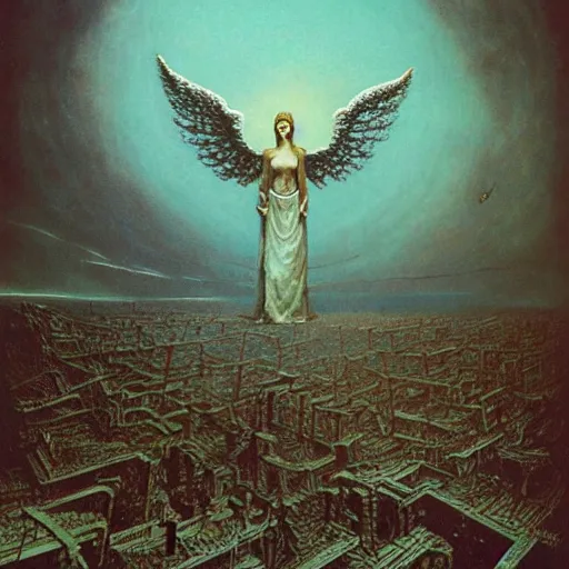 Image similar to lovecraftian angel floating above a ruined city, highly detailed beksinski painting