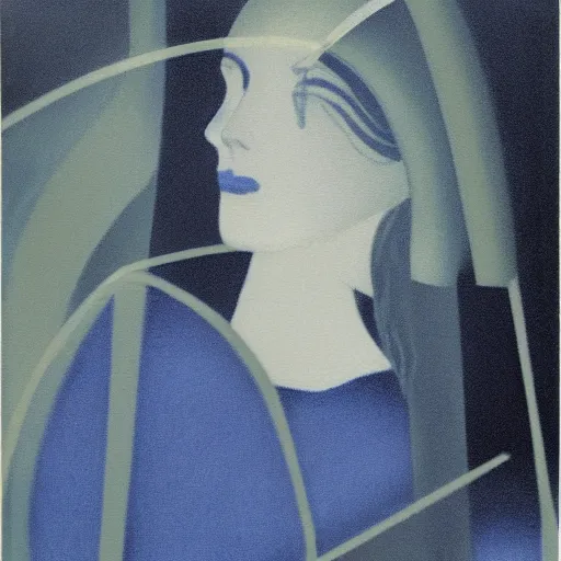 Image similar to A kinetic sculpture of a beautiful young woman seated at a window, looking out at the viewer with a serene expression on her face. The light from the window illuminates her features & creates a warm, inviting atmosphere. The essence of beauty and tranquility. dark blue by George Ault delicate, ghostly