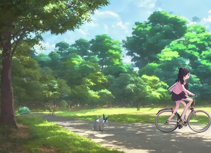 Prompt: a girl cycling along a path with her cat in a basket on the front of the bike, wide shot, peaceful and serene, incredible perspective, anime scenery by Makoto Shinkai and studio ghibli, very detailed