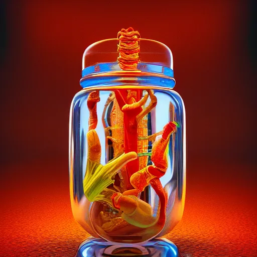 Prompt: detailed anatomical innards inside glass jar, cinematic photorealistic render, fetus, 3 d, colorful, synthetic, anatomical, detailed innards, refractive, transparent, occlusion, shadows, sss, octane render, vray render