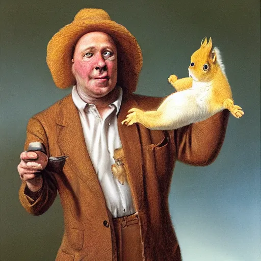 Prompt: a man with squirrel features with a hand puppet, by Alex Horley