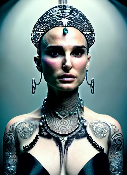 Prompt: portrait photograph of an absurdly beautiful, graceful, sophisticated, fashionable futuristic woman, facial piercings, natalie portman, heavy body modification, facial tattoos, prosthetic implants, hyperdetailed by popovy sisters, intricate linework, white porcelain skin, faberge, intricate chrome headdress, dark atmosphere, unreal engine 5 highly rendered, global illumination, radiant light, detailed and intricate environment