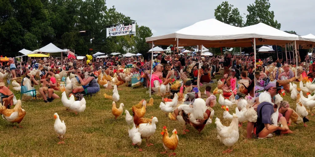 Prompt: music festival full of white chicken with drinks. only chicken, no humans. fowl festival.