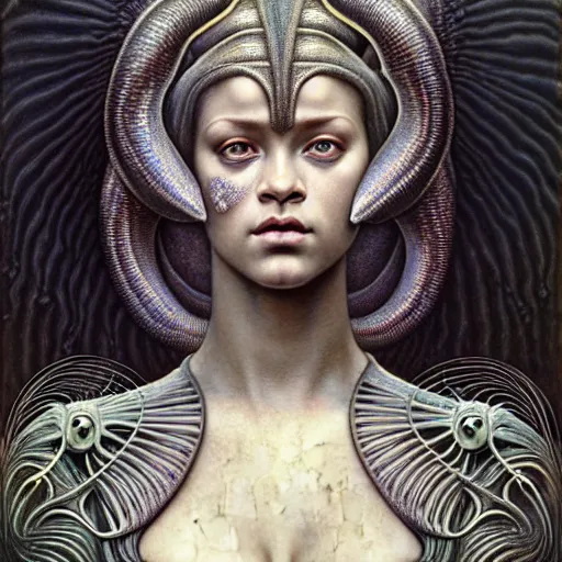 Image similar to detailed realistic beautiful young medieval alien robot rihanna face portrait by jean delville, gustave dore and marco mazzoni, art nouveau, symbolist, visionary, gothic, pre - raphaelite. horizontal symmetry by zdzisław beksinski, iris van herpen, raymond swanland and alphonse mucha. highly detailed, hyper - real, beautiful, fractal baroque