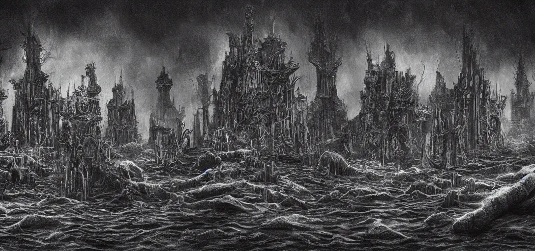 Image similar to cybergothic charcoal reefs, in the style of alex konstad, alejandro mirabal, dramatic, tragic, intricate, detailed, beautiful, 8 k resolution