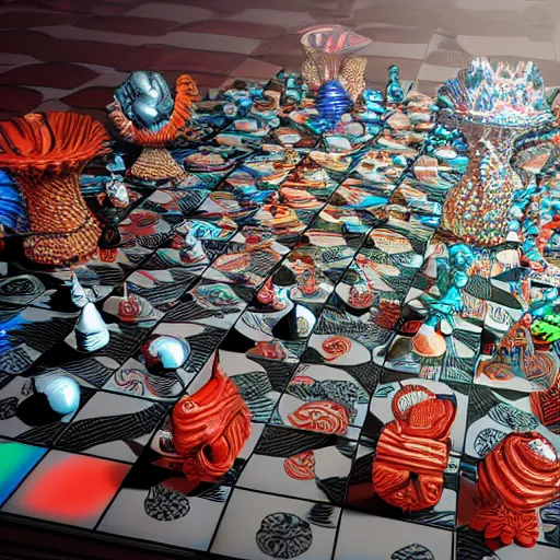 Image similar to the outcome of a game of psychedelic chess, 4 k, intricate detail, octane render, unreal engine