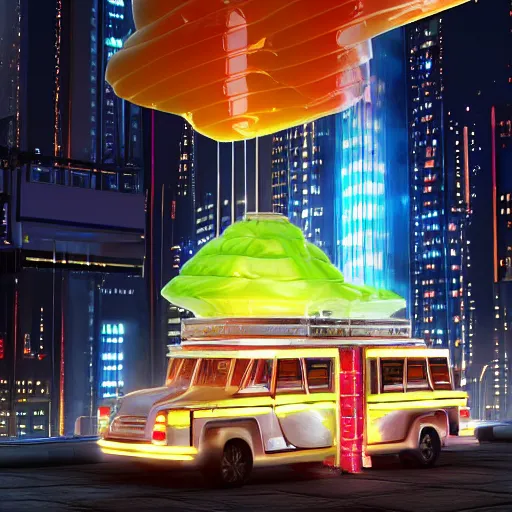 Prompt: medium shot of a a small edible gummi worm candy with cybernetics for sale from a food truck. the food truck is hovering high next to a tall building. the candy is displayed with dramatic product lighting, pearlescent. a scene from fifth element ( 1 9 9 7 ), unreal engine 5, octane 3 d, render, ( cyberpunk )