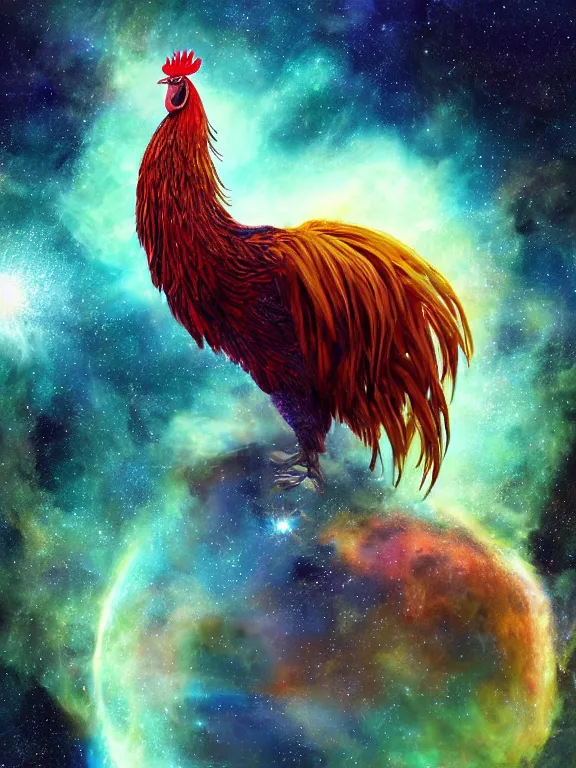 Image similar to a lone giant rooster, centered, floating in space, center of the universe, \ galaxy cosmic nebula, epic, volumetric light, hyperrealistic, glitter, mega detailed, beautiful composition, beautiful lighting, unreal render, 4 k, vincent di fate, john berkey, michael whelan