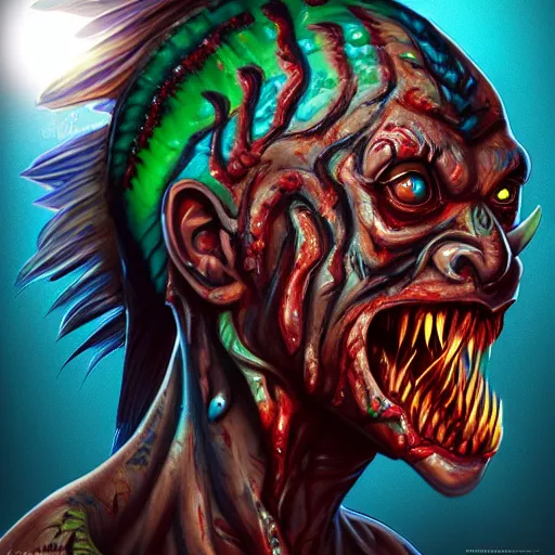 Image similar to zombified tribal mahi mahi full body profile, trending on artstation, ultra fine detailed, hyper detailed, hd, concept art, digital painting