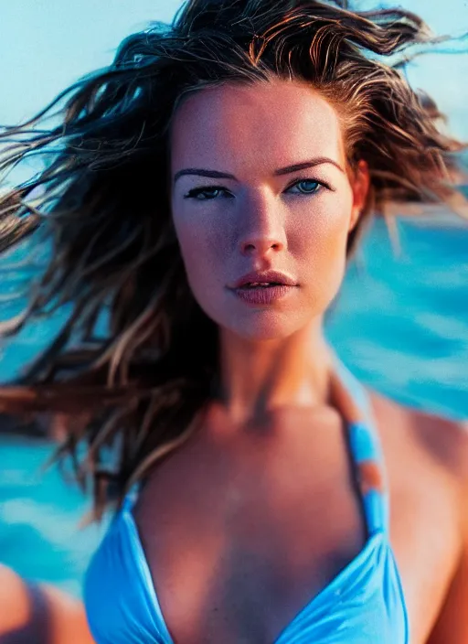 Prompt: A hyper realistic and detailed head portrait photography of Rebecca Romijn, swimsuit model on a beach. by Cameron Hammond. vaporwave style. blue hour. KODAK EKTAR 100. Lens flare. Summilux 50mm