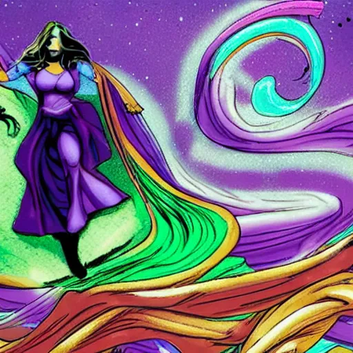 Prompt: thanos in a dress riding down a rainbow