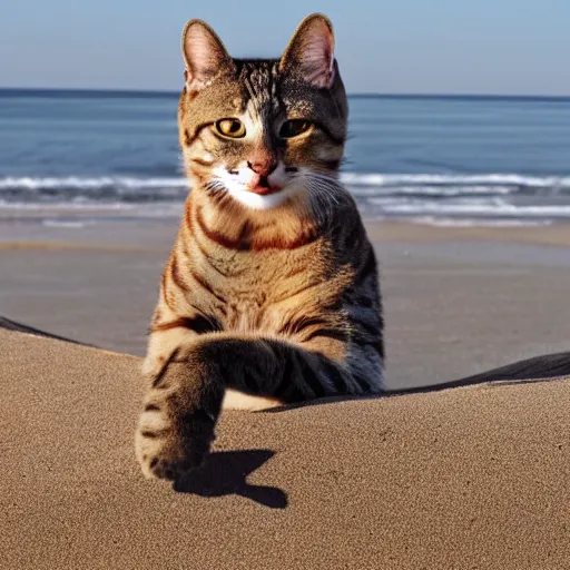 Prompt: realistic photo of an anthropomorphic cat chilling out on the beach