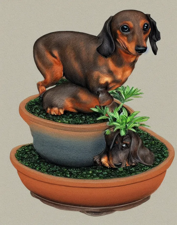 Image similar to dachshund bonsai in a bonsai pot, hyperrealism, high detail