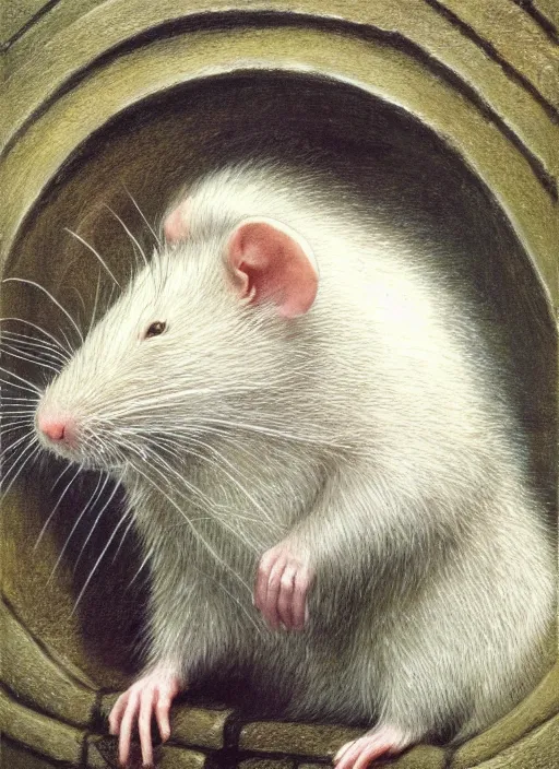 Image similar to portrait of a white rat as a hobbit, by alan lee, lord of the rings, smooth, oil painting, matte painting, concept art, trending on artstation, promotional artwork, film still, elegant, photorealistic facial features, intricate, detailed face, cinematic lighting