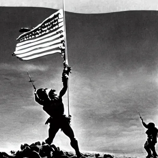 Prompt: roddy piper raising the flag on iwo jima, high detailed, intense, 8 k, photograph