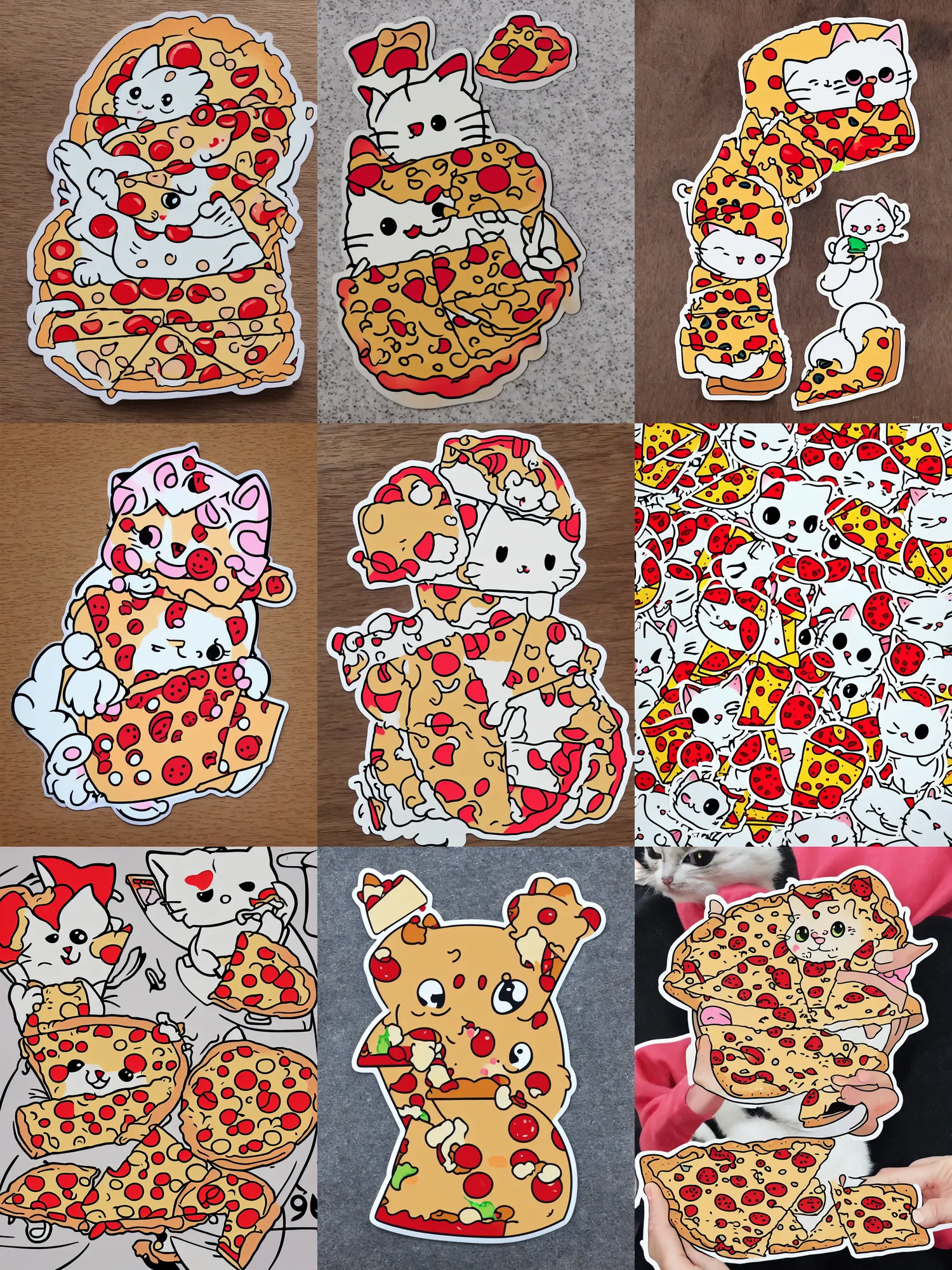 Prompt: large sticker of chibi cute cat eating pizza, Japanese kawaii style